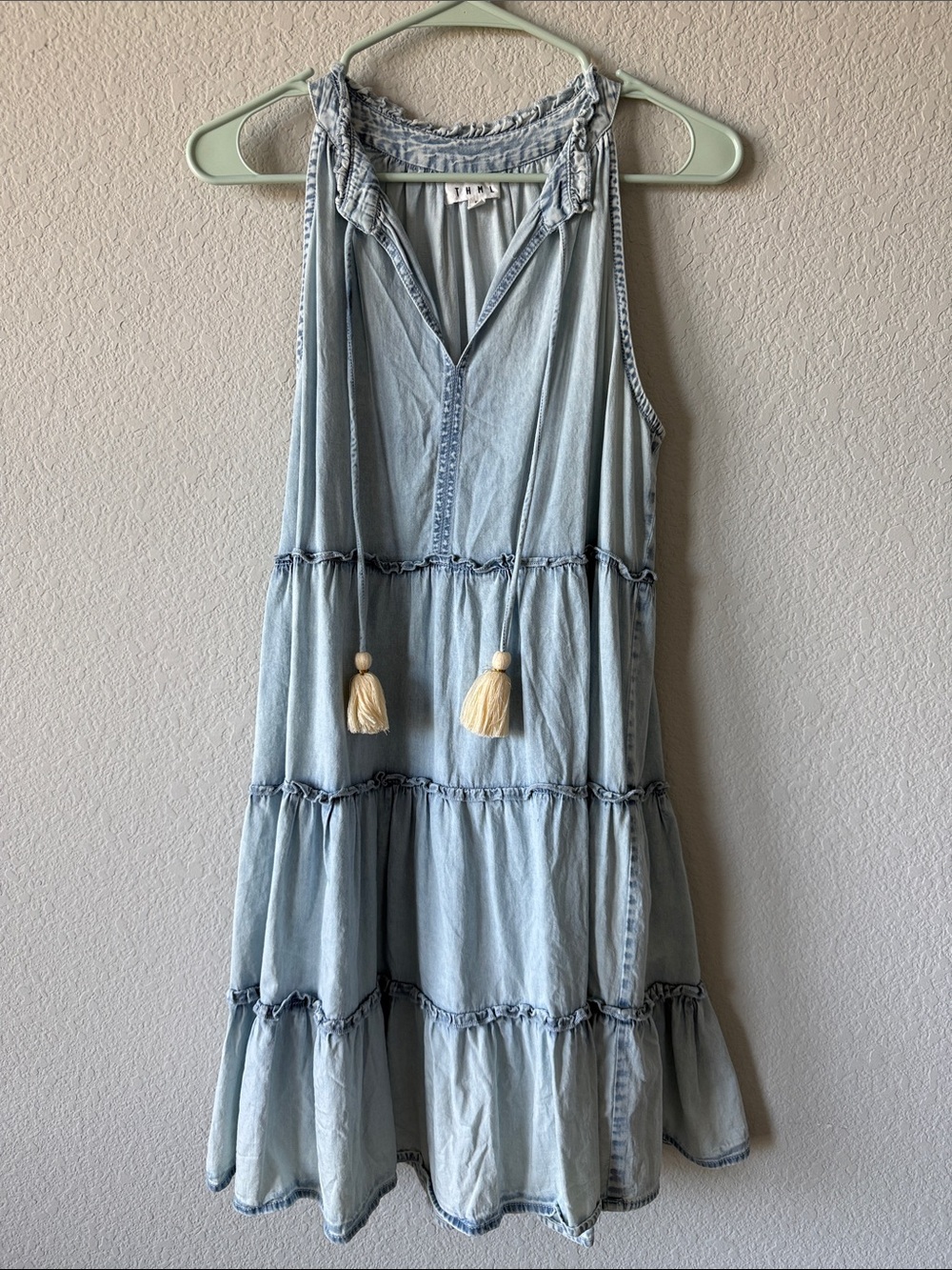 THML Light Blue Tiered Halter Tassel Tie Mini Dress